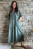 Rustic Nature Linen Blend Smock T Shirt Dress Washed Moss